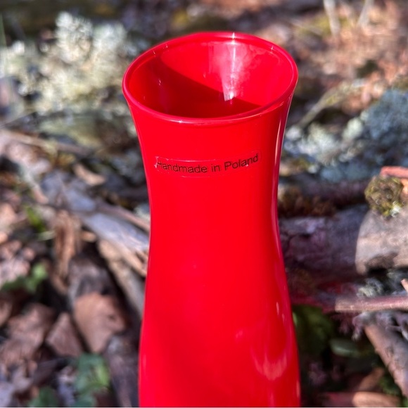 Slender Red Glass Vase Made in Poland 10" inch Tall Translucent Glass Drop Rim - Picture 5 of 8
